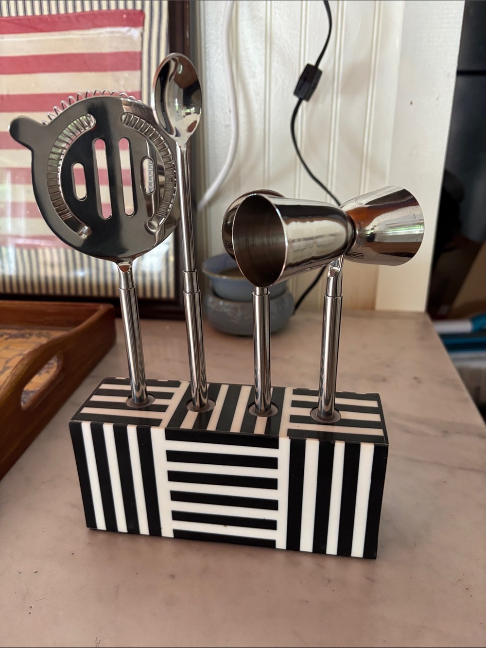 Modern Black & White Bar Tool Set with Geometric Block Stand